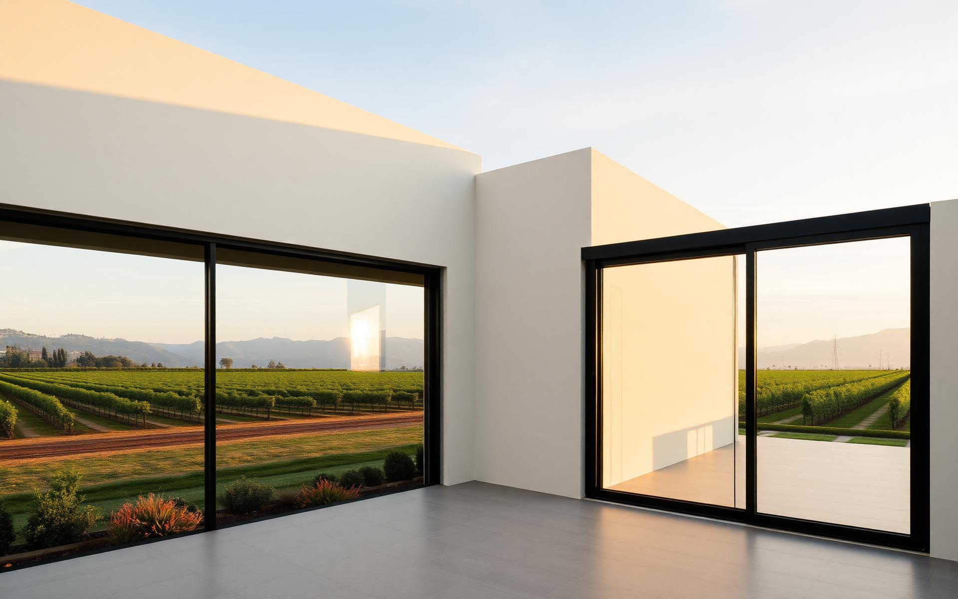 Grandi vetrate in alluminio a taglio termico su villa contemporanea al tramonto
