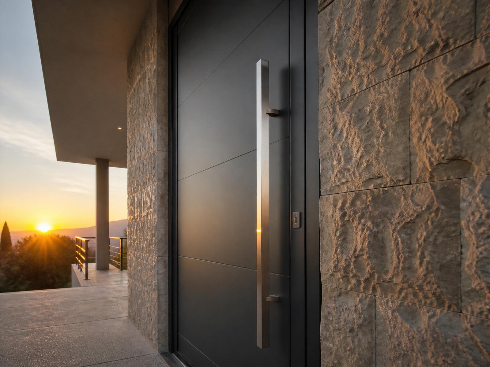 Portoncino d'ingresso in alluminio antracite con maniglione verticale in acciaio inox su villa in pietra